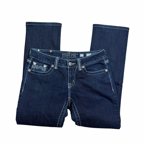 Miss Me Dark Wash Low Rise Studded Embroidered Easy Straight Jeans - Size 27 - Picture 3 of 14